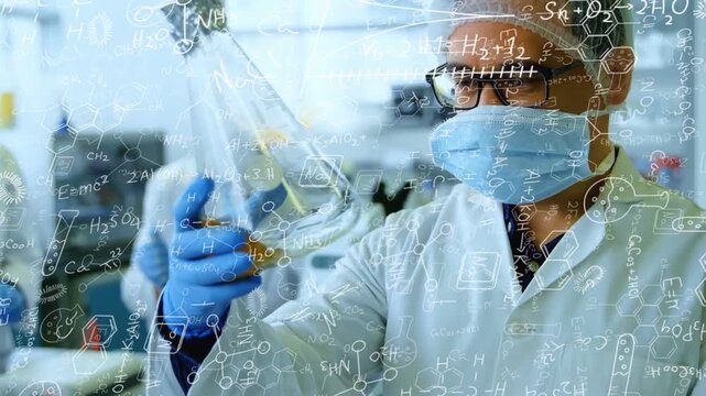 Male chemist raising Erlenmeyer examining amber for assay comparing foil flask diagrams overlaying