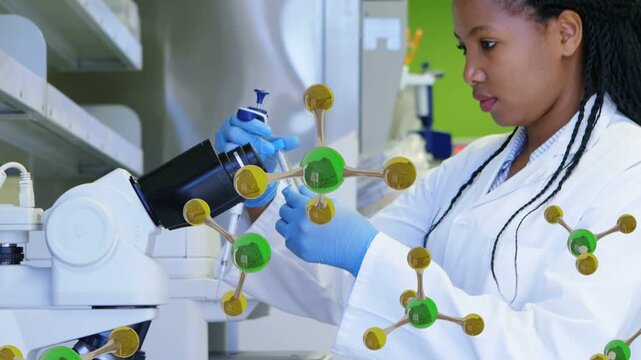 Woman lifting pipette and drawing into tube in lab, molecules animating on pipette for microscopy