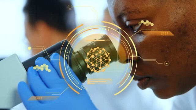Female scientist peering at scope eyepiece adjusting focus while HUD showing molecular data for R an