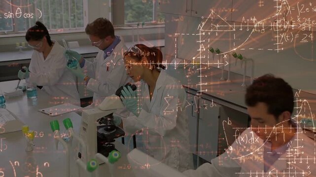 Team starting research pipetting samples adding reagents at scope noting data math overlay floating