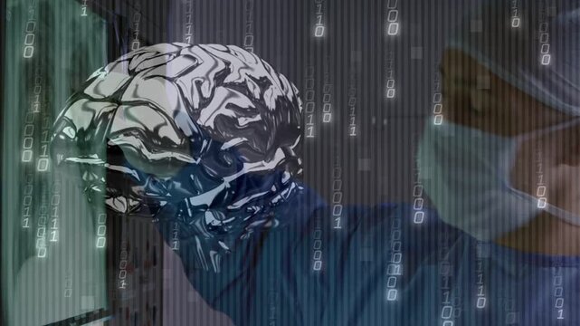 Clinician tapping tablet, calling rotating brain hologram with binary overlay, aiding surgery