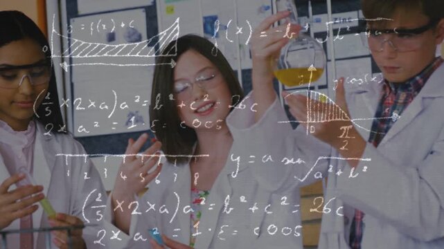Students in lab coats, goggles raising yellow flask, causing graph overlay for science analysis