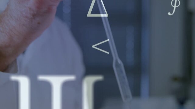 Chemist lifting pipette to vial initiating drawing for research reading red mark symbols over hands
