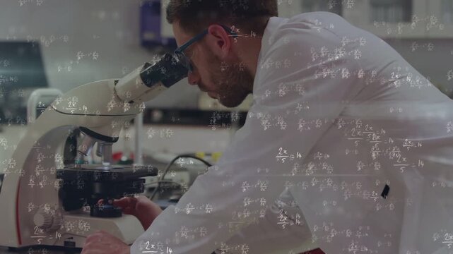 Lab tech placing slide in microscope, tuning knobs, testing sample, math overlay across foreground