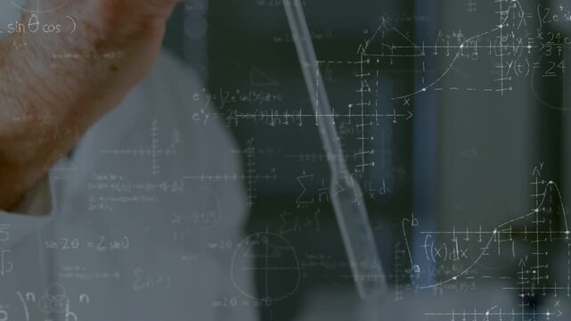 Lab scientist holding amber vial pipette entering drawing liquid tuning red dial with math overlay