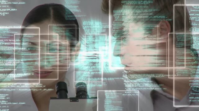 Lab scientists reacting to code overlay, adjusting microscope and analyzing sample
