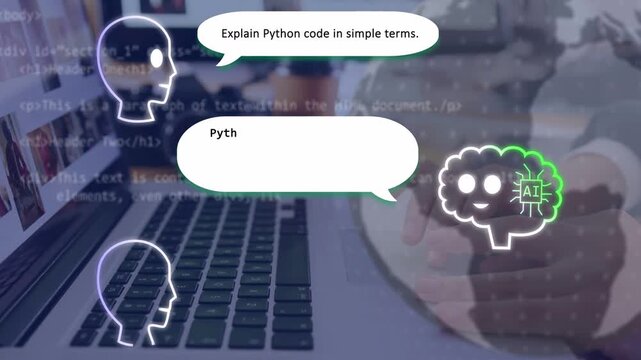 Woman's hands typing keys asking chat to explain Python, overlay AI brain turning binary into text