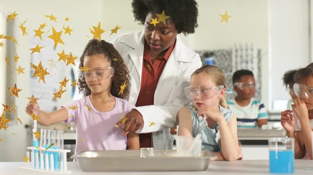 Teacher pointing, guiding pupil reaching testtube rack in chemistry lab, confetti drifting to learn