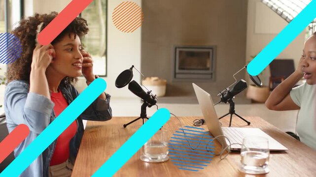 Two hosts lifting headsets, adjusting fit, prepping podcast, leaning into mics as overlays sweeping