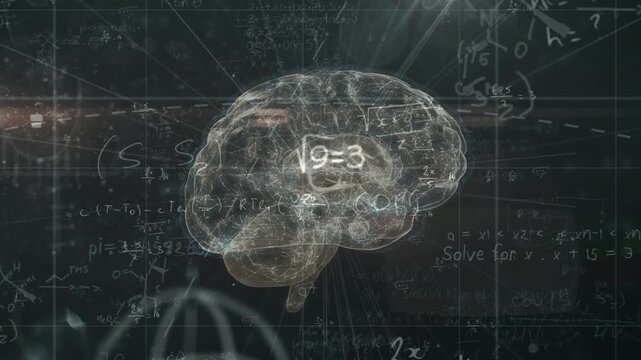 Top light causing clear 3D brain rotating threads pulsing globe rising equations showing knowledge