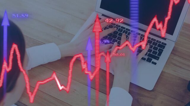 Woman typing on laptop, hands pressing keys activating red line chart and tall arrows for analytics