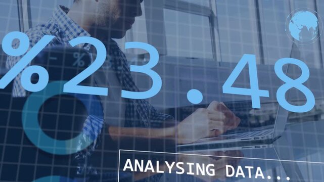 Male analyst at laptop typing and starting ANALYSING DATA overlay for live percentages updating