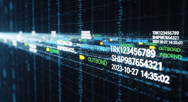 A close-up digital screen showing tracking numbers, shipping data, time stamps, and "inbound/outbound" logistics labels on a dark glowing background