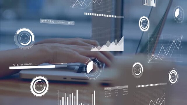 Hands typing and initiating HUD overlays shifting progress bars and timers, visualizing analytics