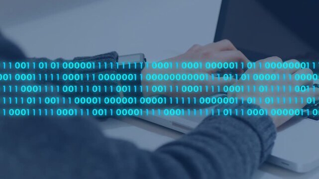 Developer typing keys, causing cyan binary stream forming over hands and keyboard, visualizing data