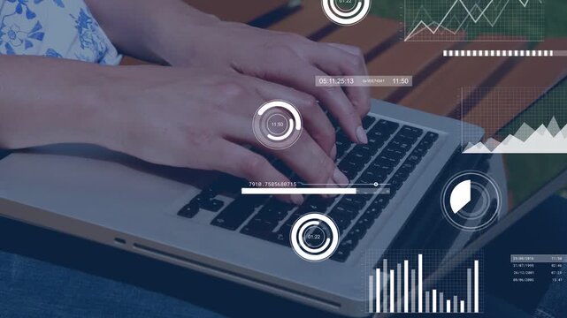 Woman typing on laptop on wooden bench, typing activating HUD graphs and timers showing analytics