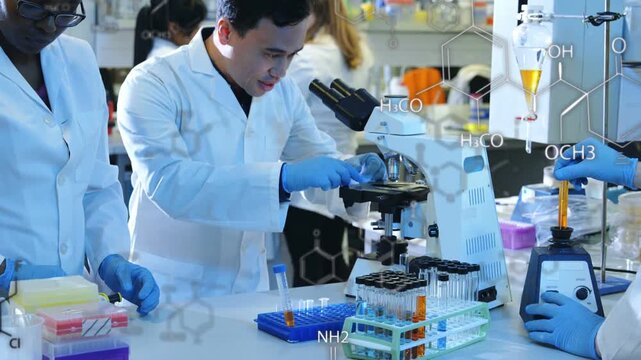 Lab researcher placing slide focusing microscope team mixing orange tube overlays guiding analysis