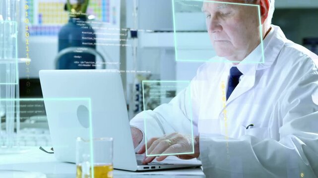 Senior scientist typing laptop and activating holographic binary panels over beaker analyzing data
