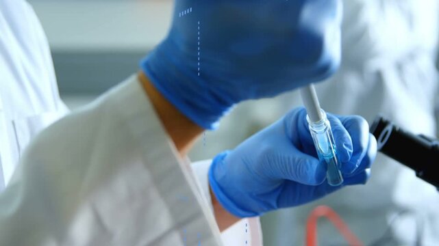 Gloved forearms placing pipette, lowering and drawing blue fluid for data with HUD graphics rising