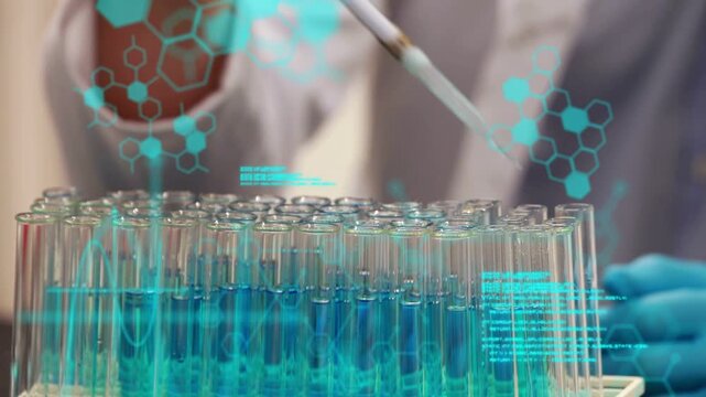 Gloved hand entering right, pipetting blue reagent into tube rack for analysis holograms shifting
