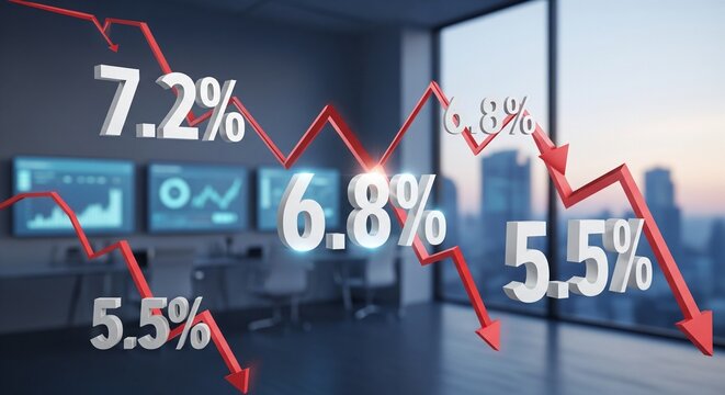 A red jagged 3D line graph crashing down sharply across a blurred modern control room or office space, featuring large silver percentage numbers