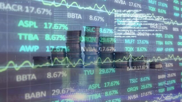 Coin stacks shifting under stock tickers, single hand entering nudging coins to rebalance portfolio