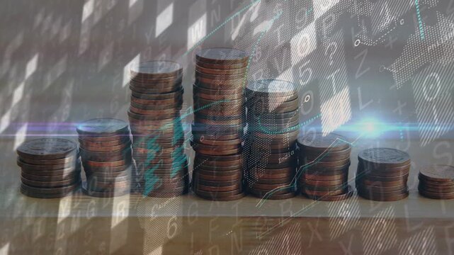 Translucent overlay appearing over coin stacks line graphs rising and light streaks mapping growth
