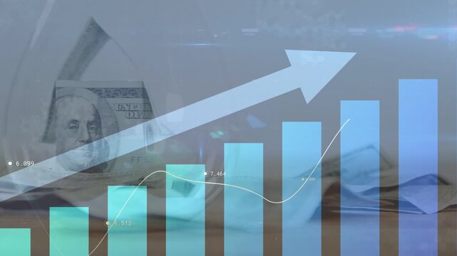 On play animated bar chart and arrow moving, bars shifting, trend line oscillating to show growth