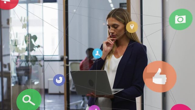 Woman reading laptop and tapping on glass, social icons growing and reacting for marketing, smiling