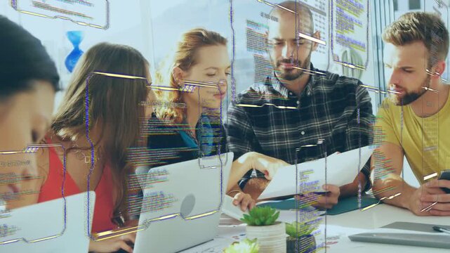 Man in checked shirt taking printout, aligning design with team, overlay highlighting page