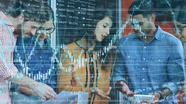 Team leaning over papers lead woman briefing as man tapping tablet animated charts showing finance