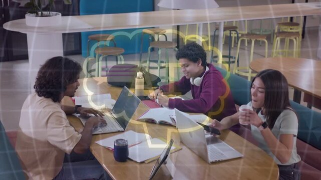 Study group studying at table, center peer showing page, cloud hovering binary lock linking devices