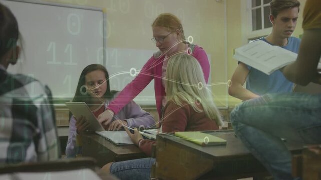 Red student pointing in class guiding peers tapping tablet noting notebook as binary nodes drifting