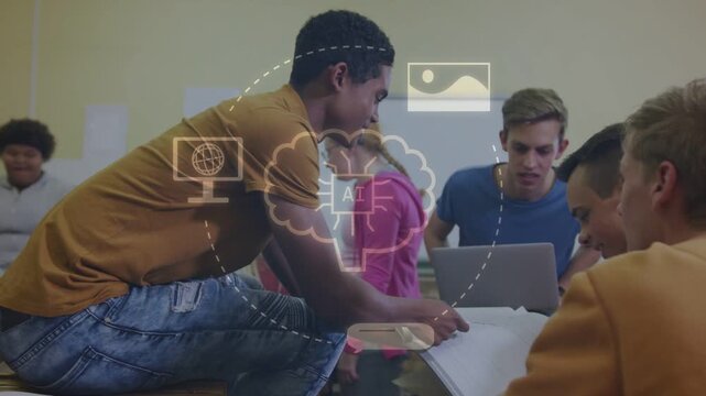 Male student leaning on table and pointing at paper, activating AI cloud overlay for education