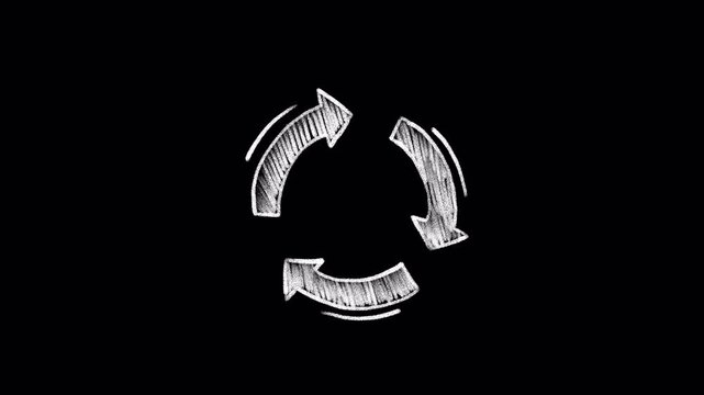 Hand drawn recycling symbol with chalk on transparent blackboard background