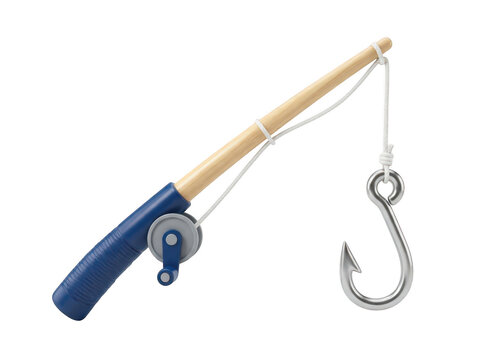 Cartoon fishing rod with a silver hook isolated on transparent background
