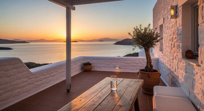 A beautiful sunset view from a white Mediterranean terrace overlooking the sea, with a wooden table, glass of water, and an olive tree in a clay pot