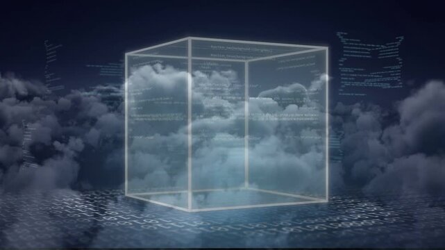 Faint wire cube fading over cloud scaling, rotating with code rising and grid emerging showing data