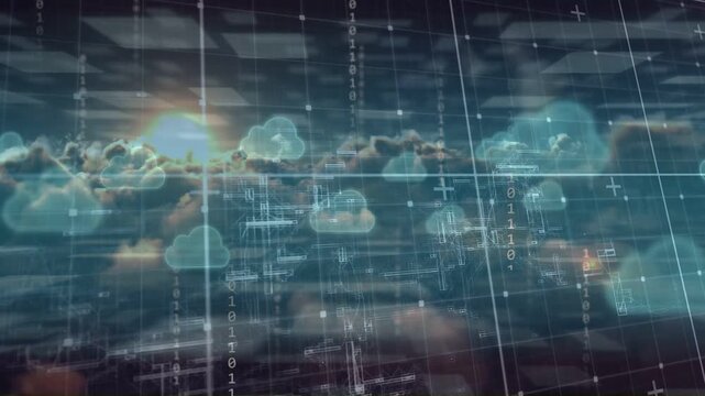 Low sun pulsing grid wireframe sliding across clouds, cloud icons drifting, forming data network