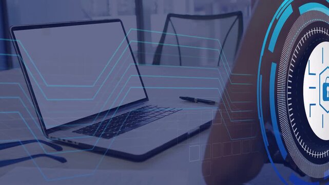 Laptop opening causing security HUD pulsing and blue circuits sweeping over laptop, woman leaning