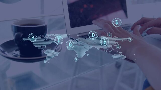 Hologram map appearing, BTC icons popping worldwide, hands typing, showing crypto network growth