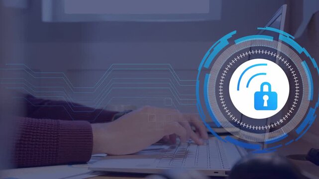 Male's hands typing at desk, initiating security lock HUD growing beside laptop protecting data