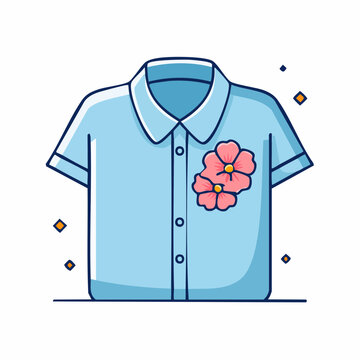Blue Short-Sleeve Shirt with Pink Flowers Illustration