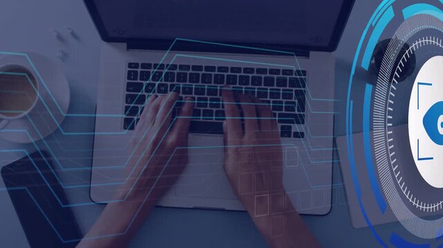 After short pause blue lines fading across keyboard, hands typing while HUD rotating, showing data