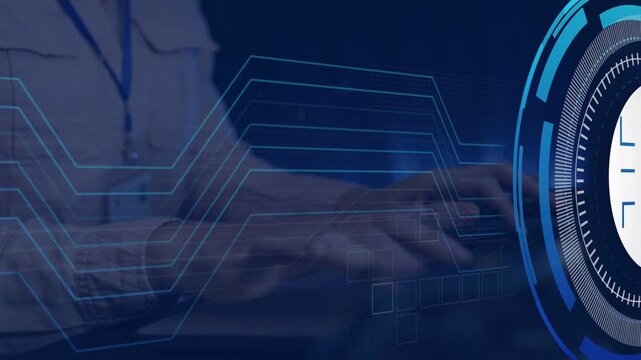 Female staffer typing at desk, keys starting security HUD fading into mapping data lines over keys