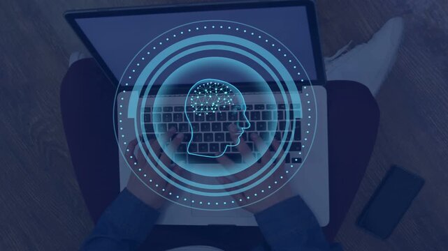Woman typing on laptop, initiating evolving AI HUD with pulsing rings and neural dots