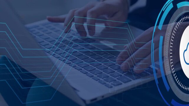 Woman typing on laptop starting security HUD sliding lines linking keys to cloud lock securing data