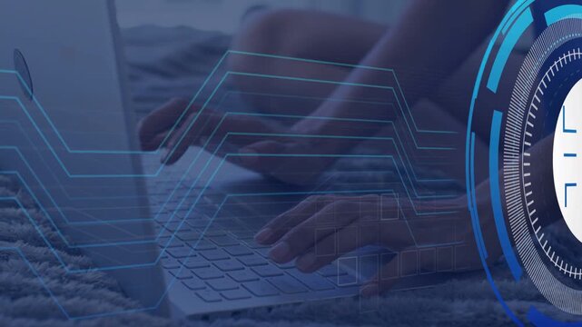 Woman typing on laptop securing access, bringing lock HUD and blue data lines across keyboard