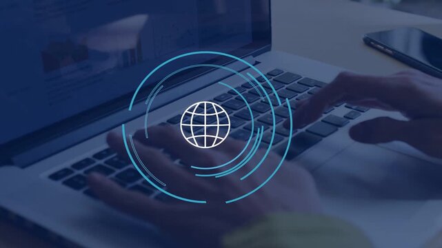 Woman typing on keys, initiating globe icon with rotating rings, showing tech syncing, phone right