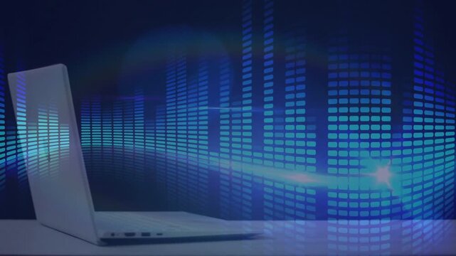 Camera pulling back showing silver laptop left blue EQ bars pulsing light streak sweeping for music